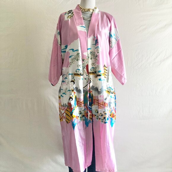 Boho Japanese Geisha Scene Satin Robe - Picture 4 of 8